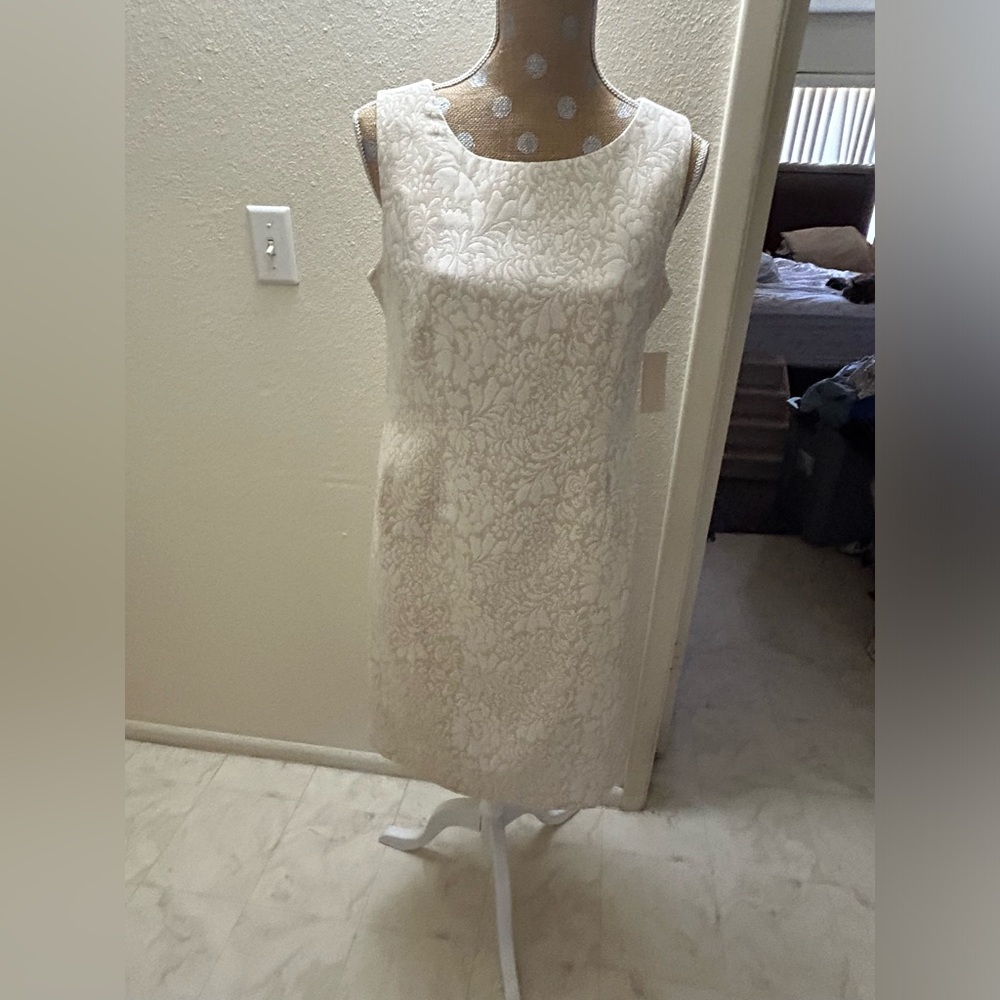 Ladies size 10 jacquard sheath dress. Light beige/light gold colors. NWT